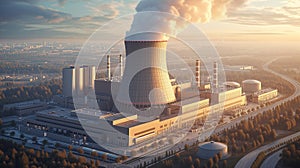 Industrial-scale nuclear station expels smoke into atmosphere, indicating energy production