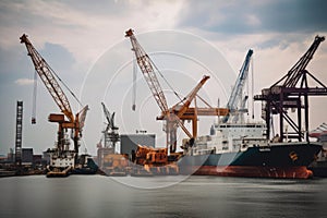 An industrial scene with a massive crane towering over a shipyard with ships being loaded and unloaded