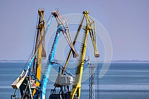 Industrial sea port with cranes view