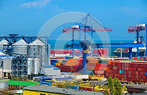 Industrial seaport infrastructure, commercial dock and container warehouse, sea, cranes and cargo ship, concept of sea cargo