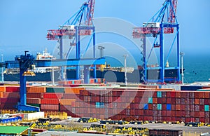 Industrial seaport infrastructure, sea, container ship and cranes, commercial dock with container warehouse, maritime cargo