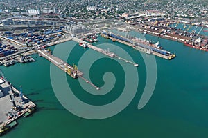 Industrial seaport, top view. Port cranes and cargo ships and ba