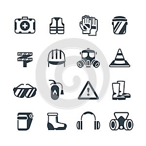 Industrial security, occupational safety work and healthcare. Protective clothing and equipmen vector icons isolated photo