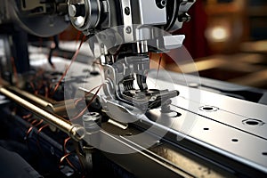 Industrial sewing machine with orange fabric - Ai Generated