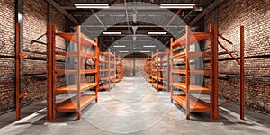 The industrial shelving units in a spacious empty warehouse with brick walls. AI generated image