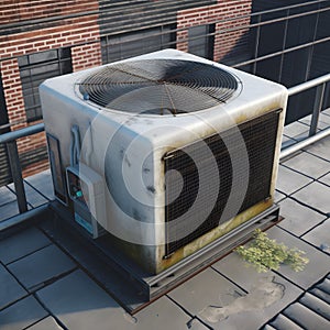 An industrial-sized air conditioning unit on the roof of two created with generative AI