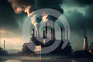 Industrial smoke from chimneys of power plant. Concept of environmental pollution