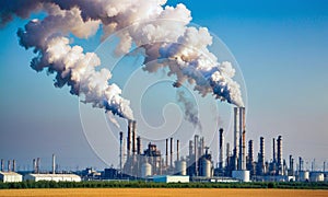 Industrial smoke rising from the chimneys of an oil refinery. Pollution of the environment