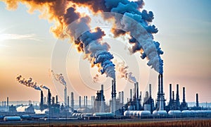 Industrial smoke rising from the chimneys of an oil refinery. Pollution of the environment