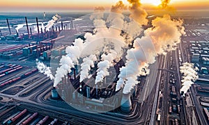 Industrial smoke rising from the chimneys of an oil refinery. Pollution of the environment