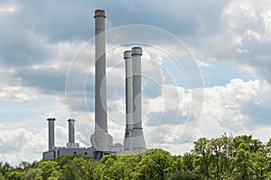 Industrial smokestack over green forest trees