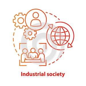 Industrial society red concept icon. Mass production technology idea thin line illustration. Labor industrialization