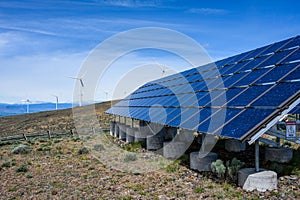 Industrial solar panel array with wind turbines in the background