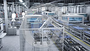 Industrial solar panel warehouse with high tech robot arms, 3D illustration