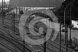 Industrial state view Cacia Aveiro Portugal rail track edited black and white