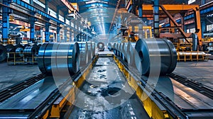 Industrial steel coil storage in a large warehouse. Manufacturing plant with metal rolls. Modern factory setting with
