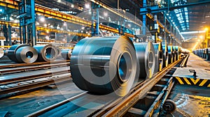Industrial Steel Coils in a Warehouse at Night. Manufacturing, Storage, and Distribution Facility. High-Quality Steel