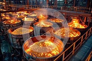 Industrial Steel Manufacturing: Large Foundry with Hot Molten Metal in Crucibles at Night