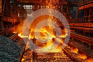 Industrial Steel Mill Blast Furnace Casting Molten Iron with Sparks and Glowing Orange Flames