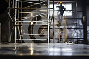industrial steel workstation, tradesmen climbing scaffolding gently blurred behind photo