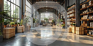 Industrial Storage and Distribution: Inside a Warehouse with Shelves and Boxes. Concept Warehouse