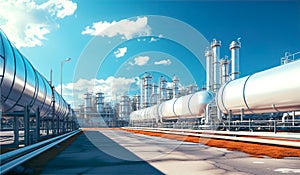 Industrial storage zone for oil, gas terminal tanks. Oil refinery plant pipe line at sunny day.