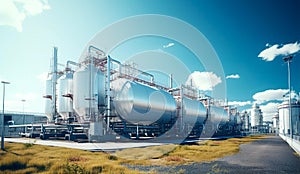 Industrial storage zone for oil, gas terminal tanks. Oil refinery plant pipe line at sunny day.