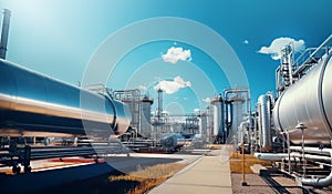 Industrial storage zone for oil, gas terminal tanks. Oil refinery plant pipe line at sunny day.