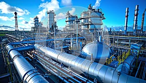 Industrial storage zone for oil, gas terminal tanks. Oil refinery plant pipe line at sunny day.