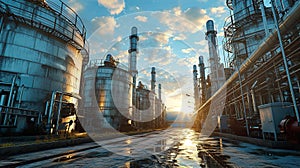 Industrial storage zone for oil, gas terminal tanks. Oil refinery plant pipe line at sunny day.