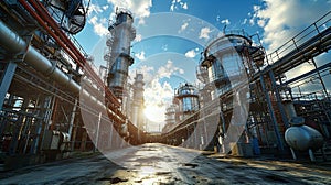 Industrial storage zone for oil, gas terminal tanks. Oil refinery plant pipe line at sunny day.