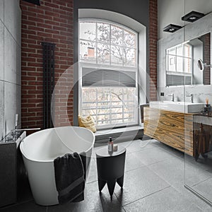 Industrial style bathroom with oval bathtub