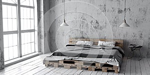 A industrial style bedroom with recycled pallet bed. 3D render.