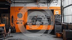 Industrial-style garage workspace with organized tools and storage
