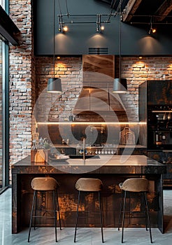 Industrial style kitchen with exposed brick and metal accents dim lighting