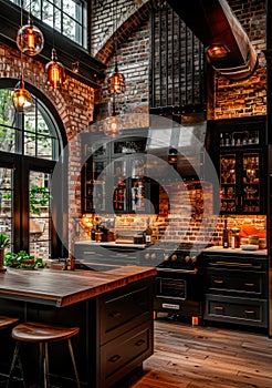 Industrial style kitchen with exposed brick and metal accents dim lighting