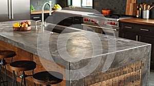 In a industrial style kitchen a large island with a stonelook LVT countertop serves as the focal point. The LVT not only photo