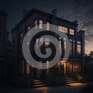 Industrial Style large House, Brick wall, Neighbourhood Alley, Trees, Sunset, Generative Ai