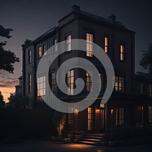 Industrial Style large House, Brick wall, Neighbourhood Alley, Trees, Sunset, Generative Ai