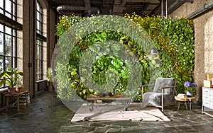 Industrial style of living room design with green wall, 3d render