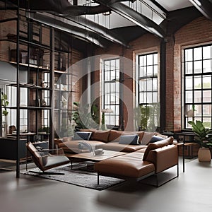 An industrial-style loft apartment with brick walls, metal piping, high ceilings, and open spaces filled with contemporary furni