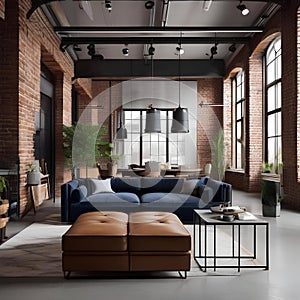 An industrial-style loft apartment with brick walls, metal piping, high ceilings, and open spaces filled with contemporary furni