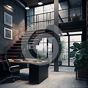 Industrial-Style Loft with Modern Office Interior. Generative AI