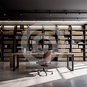 industrial-style ooffice with concrete floors, raw steel beams, large wooden desk, leather office chair photo