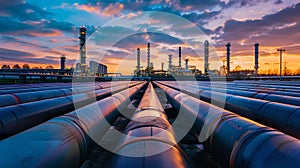 Industrial Sunset: Oil Refinery Piping Against Evening Sky, Symbolizing Energy Production and Technological Advancement