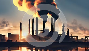 Industrial sunset scene with silhouetted structures and smoke, highlighting environmental impact