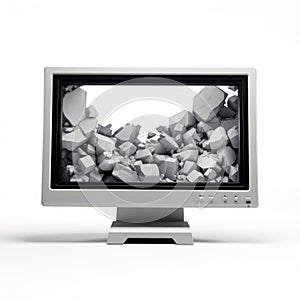 Industrial Surrealism: White Computer Screen With Stones - 3d Photo photo