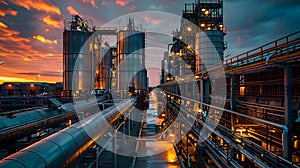 Industrial Symphony at Dusk: Silos and Pipelines. Concept Industrial Photography, Dusk Photography,