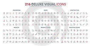 Industrial technology and engineering, gears, industry optimization line icon set