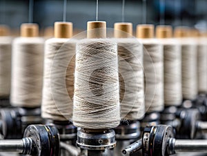 Industrial textile production featuring rows of identical beige thread spools mounted on a spinning machine in a factory setting